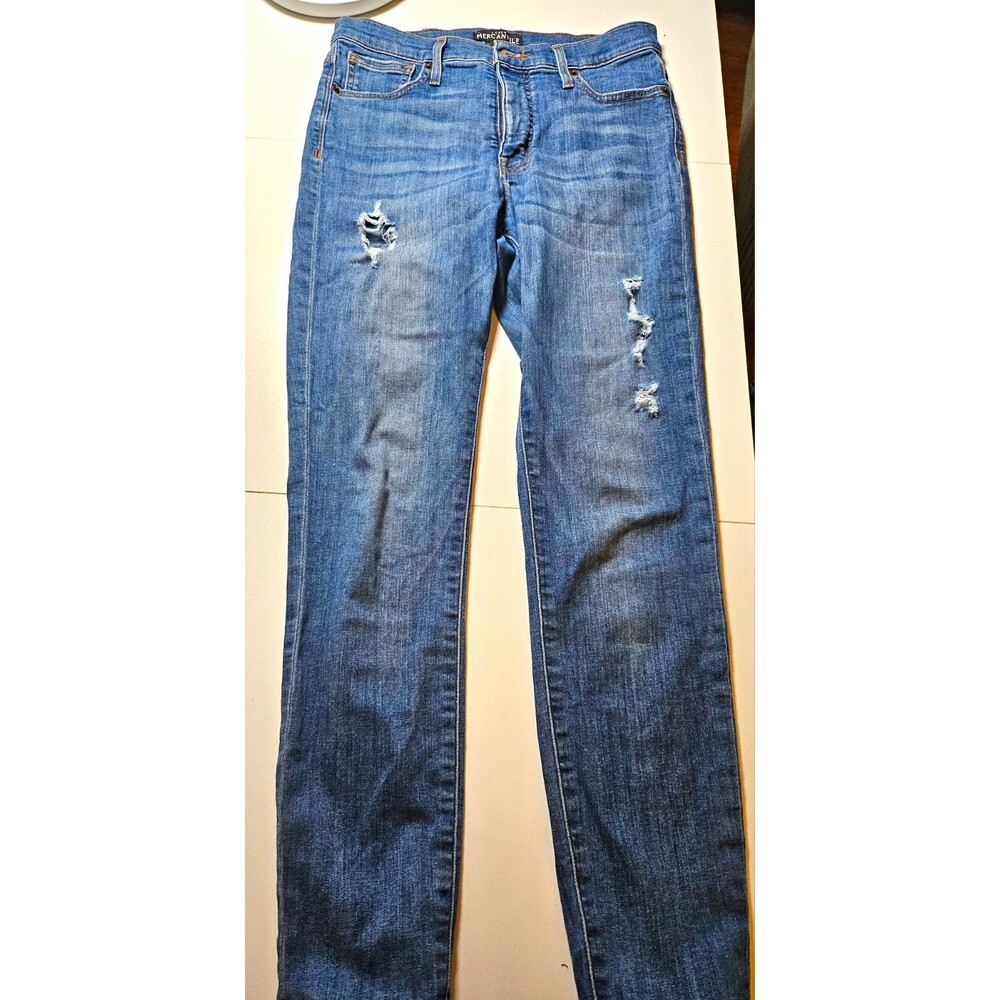 J.CREW Mercantile Womenโs Blue Medium Wash Denim Skinny Distressed 5-Pocket